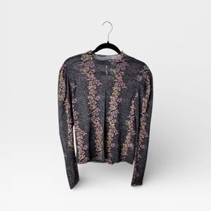 Free People Long Sleeve Floral Stripe Tee in Black and Pink